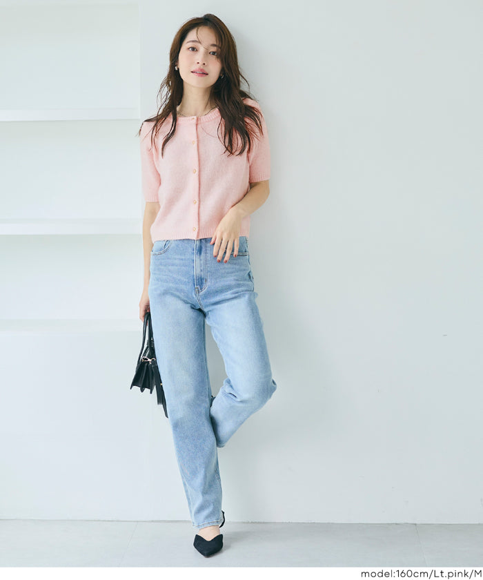 Temperamental and versatile gold-button short-sleeved knitted cardigan