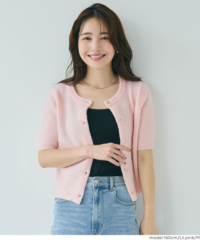 Temperamental and versatile gold-button short-sleeved knitted cardigan