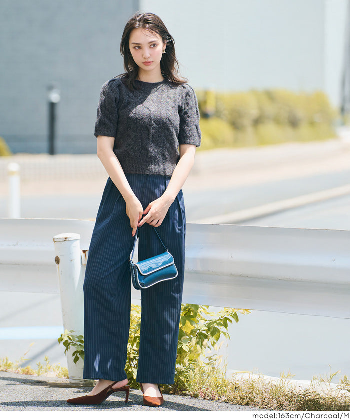 Temperamental and versatile short-sleeved cable knit sweater