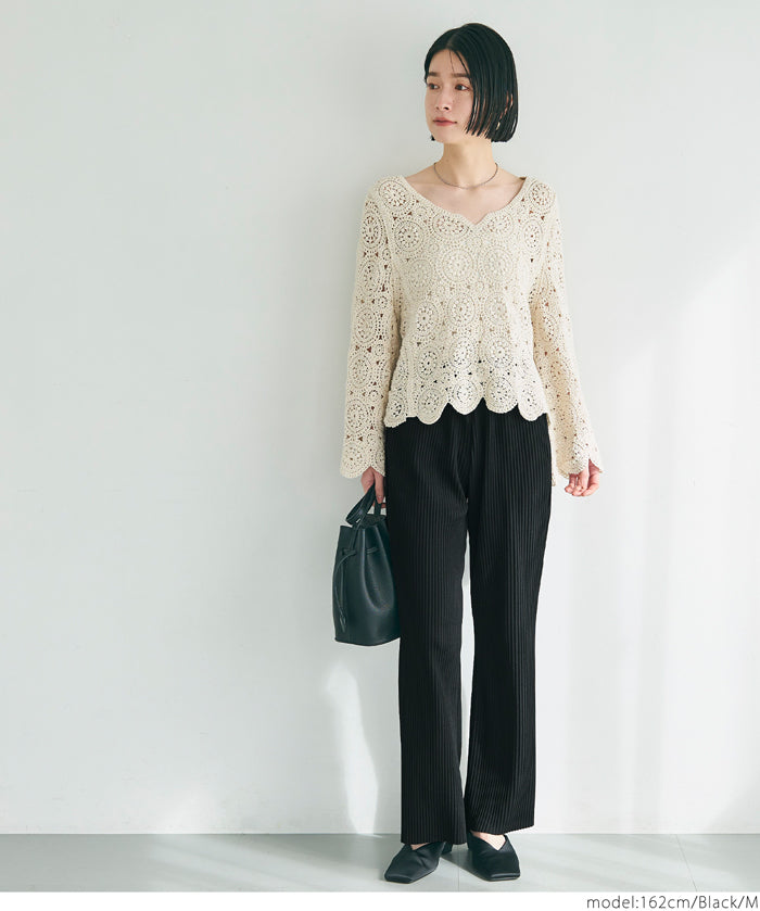 Self-cut easy care ribbed wide pants