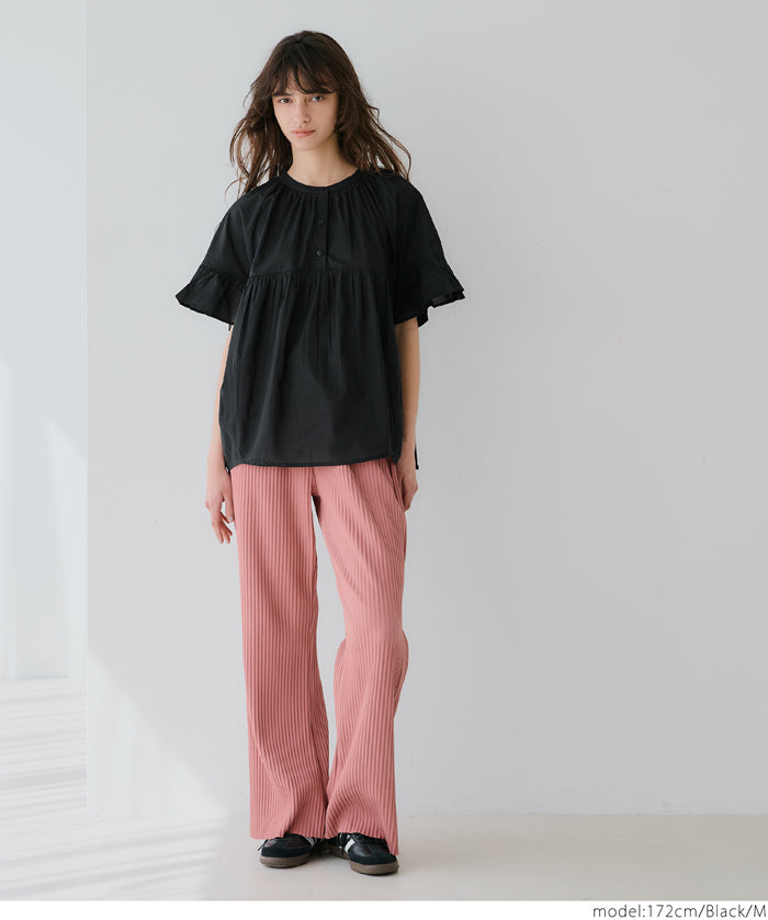 Airy cotton ruffled half-sleeve shirt