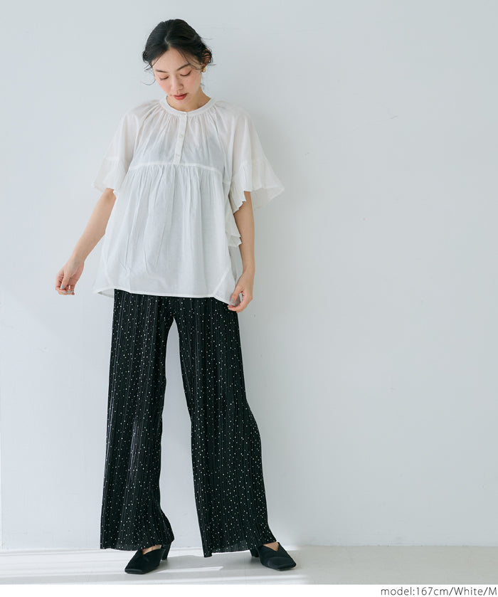 Airy cotton ruffled half-sleeve shirt