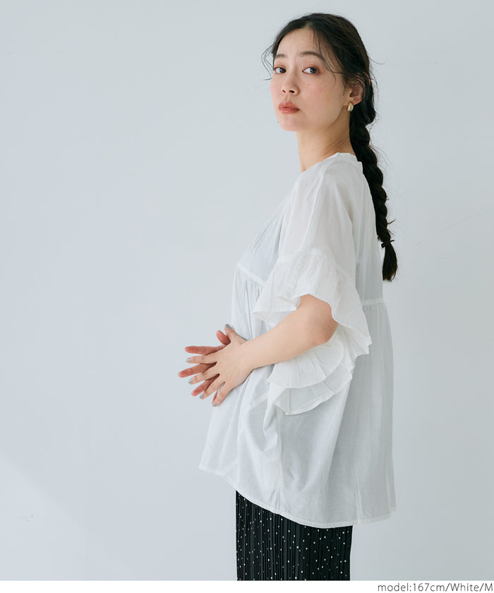 Airy cotton ruffled half-sleeve shirt