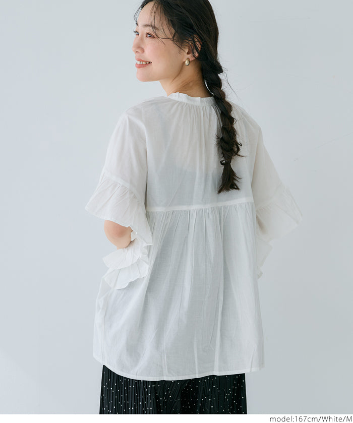 Airy cotton ruffled half-sleeve shirt