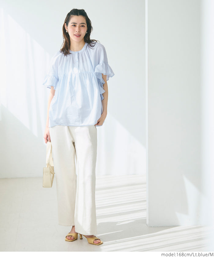 Airy cotton ruffled half-sleeve shirt