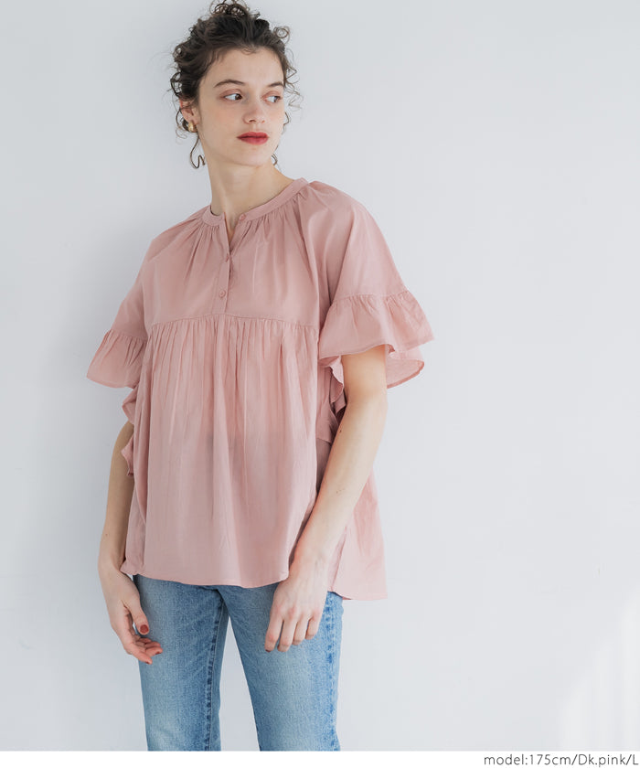 Airy cotton ruffled half-sleeve shirt