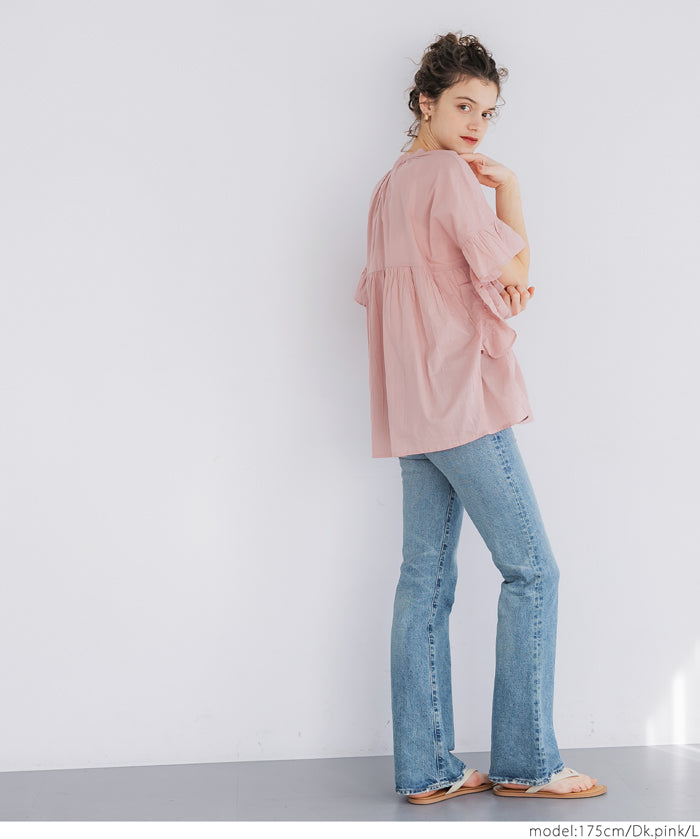 Airy cotton ruffled half-sleeve shirt