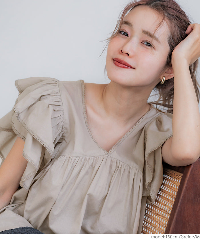 Dopamine Japanese style lotus leaf sleeve cotton babydoll top