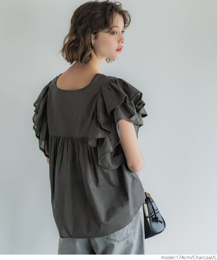 Dopamine Japanese style lotus leaf sleeve cotton babydoll top