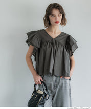 Dopamine Japanese style lotus leaf sleeve cotton babydoll top