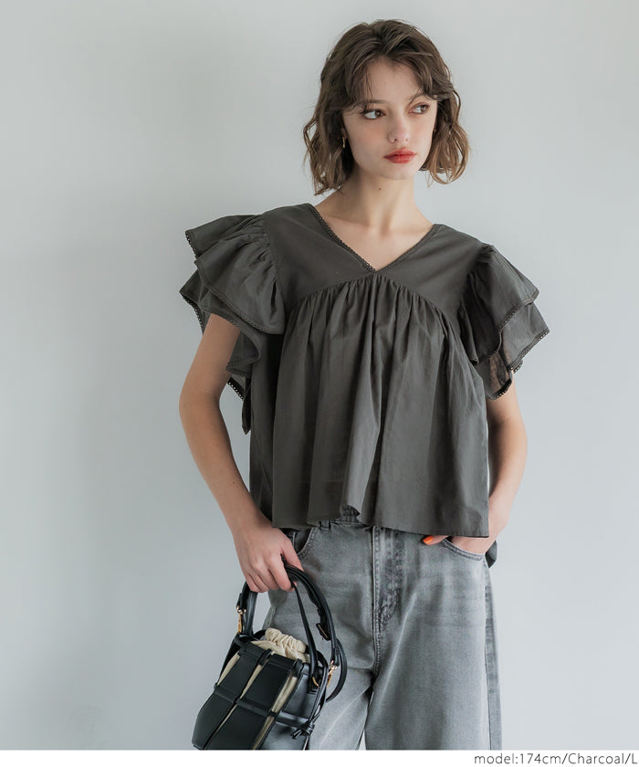 Dopamine Japanese style lotus leaf sleeve cotton babydoll top