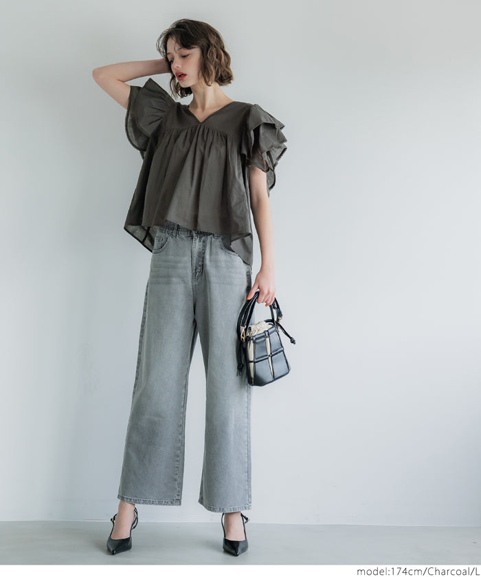 Dopamine Japanese style lotus leaf sleeve cotton babydoll top