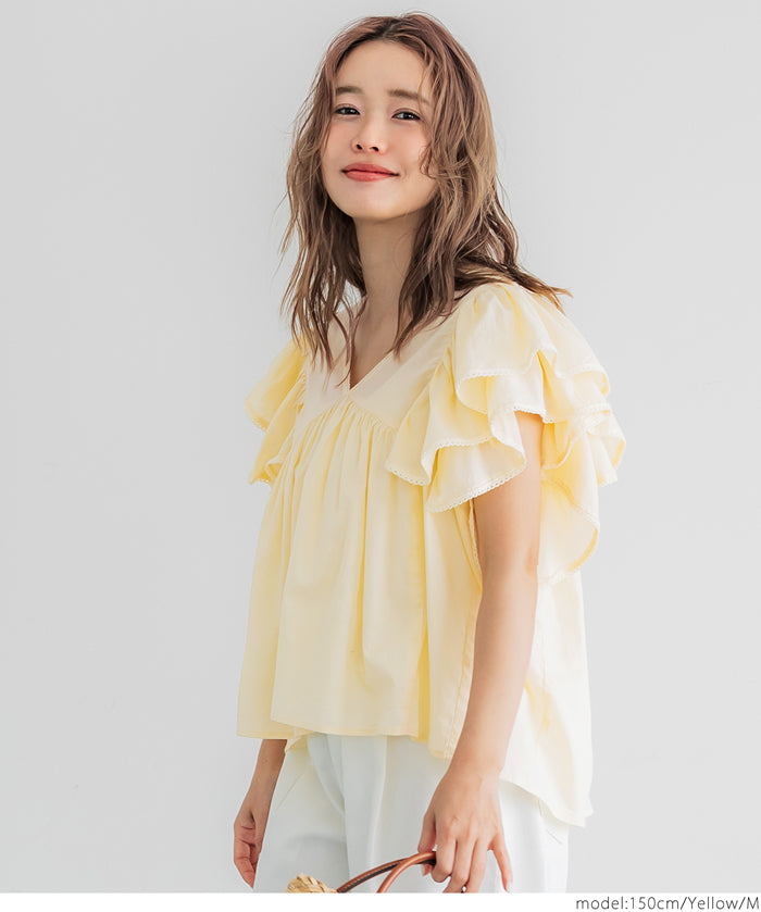 Dopamine Japanese style lotus leaf sleeve cotton babydoll top