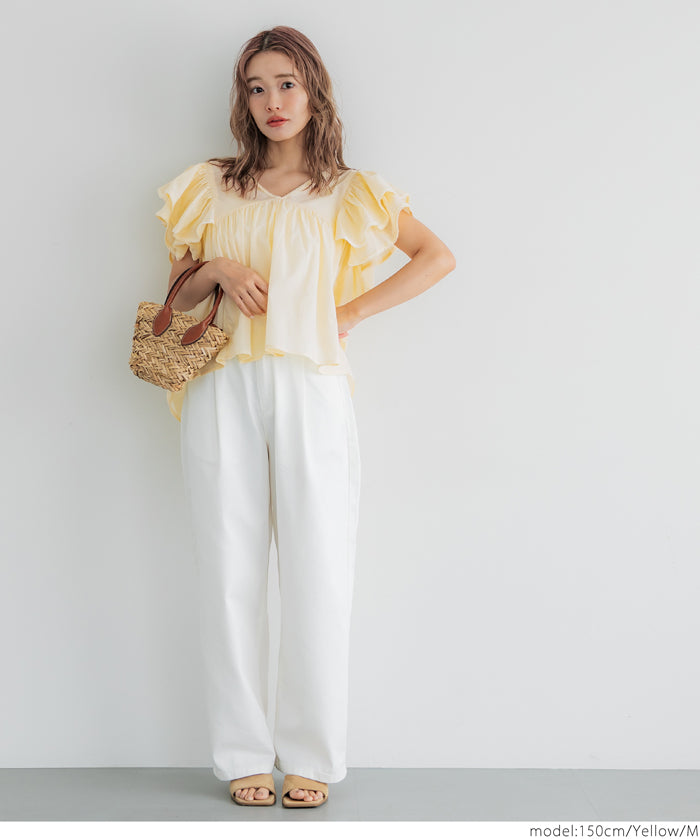 Dopamine Japanese style lotus leaf sleeve cotton babydoll top