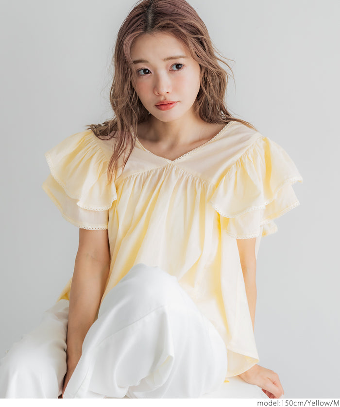 Dopamine Japanese style lotus leaf sleeve cotton babydoll top