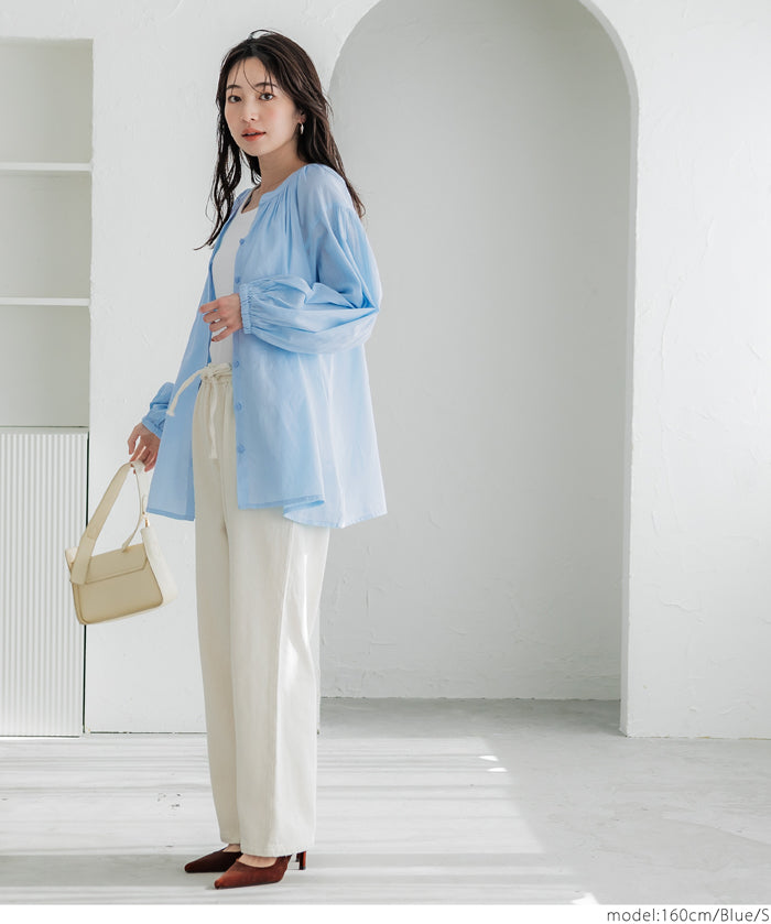 Airy cotton loose round neck long sleeve shirt