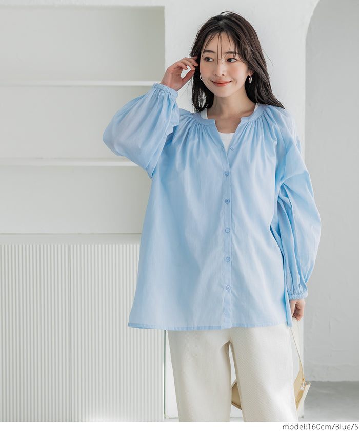Airy cotton loose round neck long sleeve shirt