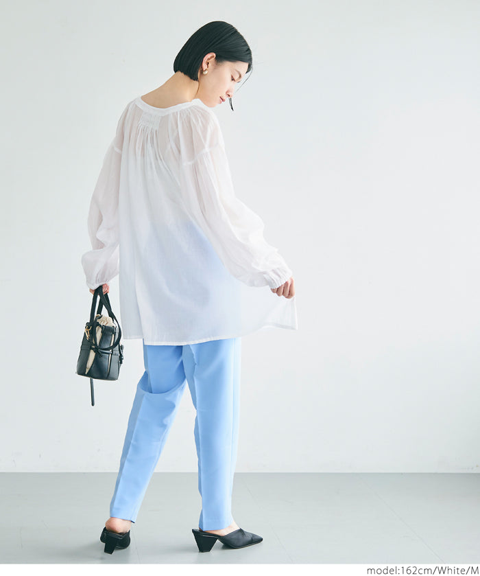 Airy cotton loose round neck long sleeve shirt