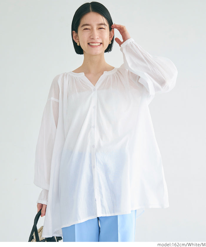 Airy cotton loose round neck long sleeve shirt