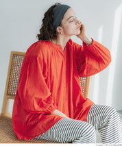 Airy cotton loose round neck long sleeve shirt