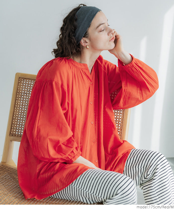 Airy cotton loose round neck long sleeve shirt