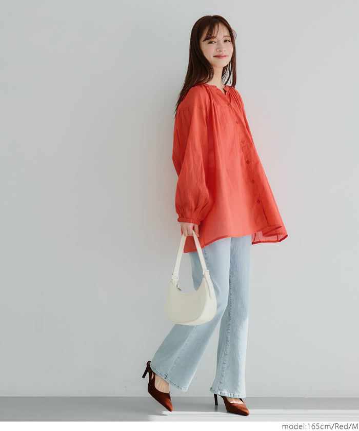 Airy cotton loose round neck long sleeve shirt
