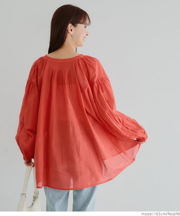 Airy cotton loose round neck long sleeve shirt