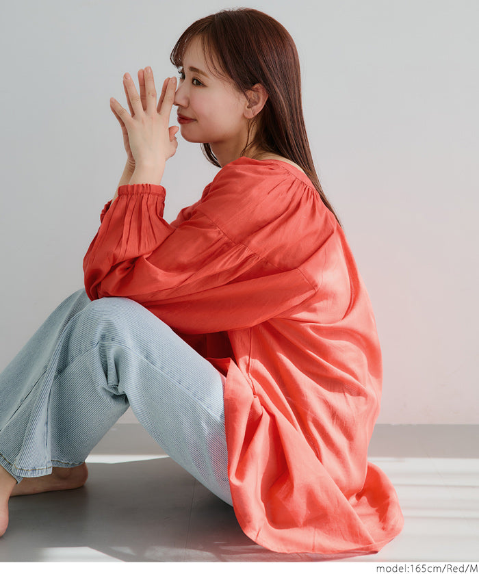 Airy cotton loose round neck long sleeve shirt