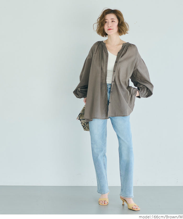 Airy cotton loose round neck long sleeve shirt