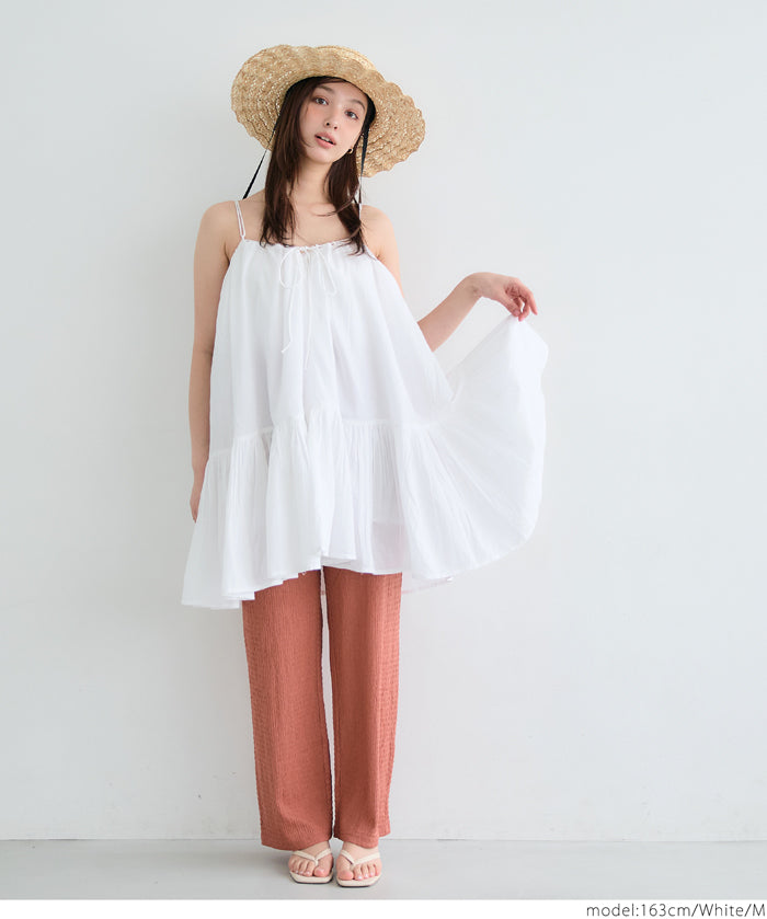 Japanese-style layered A-line spaghetti strap midi top