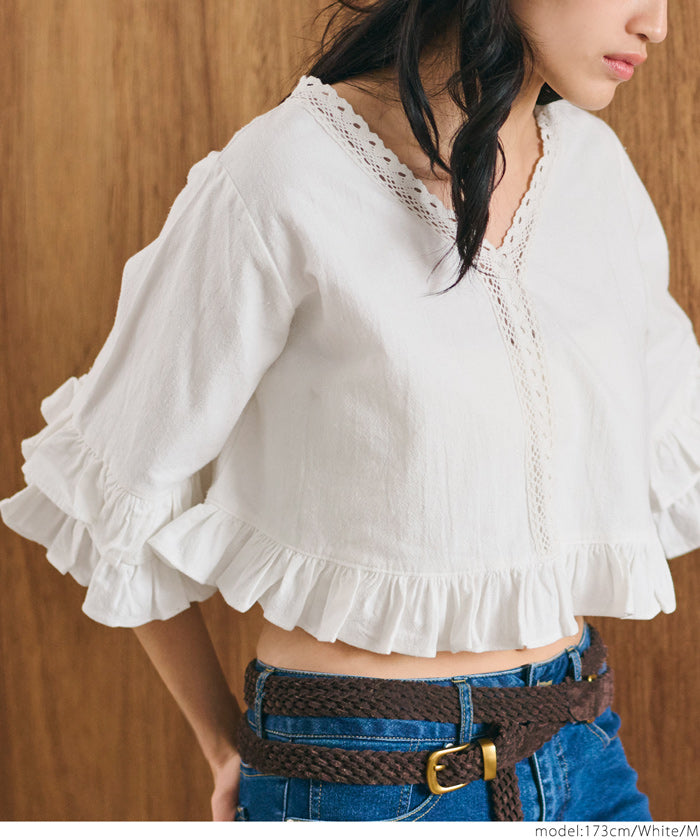 Goddess-feeling lace-paneled washed cotton ruffled top