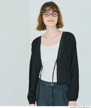 日系甜美條紋蕾絲綁帶泡泡袖開衫