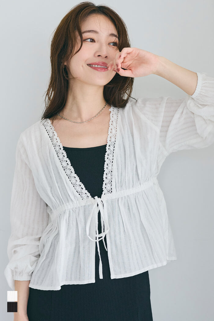 日系甜美條紋蕾絲綁帶泡泡袖開衫