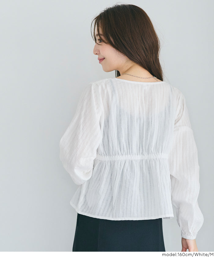 日系甜美條紋蕾絲綁帶泡泡袖開衫