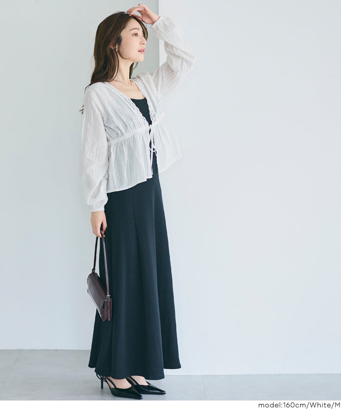 日系甜美條紋蕾絲綁帶泡泡袖開衫