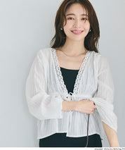 日系甜美條紋蕾絲綁帶泡泡袖開衫