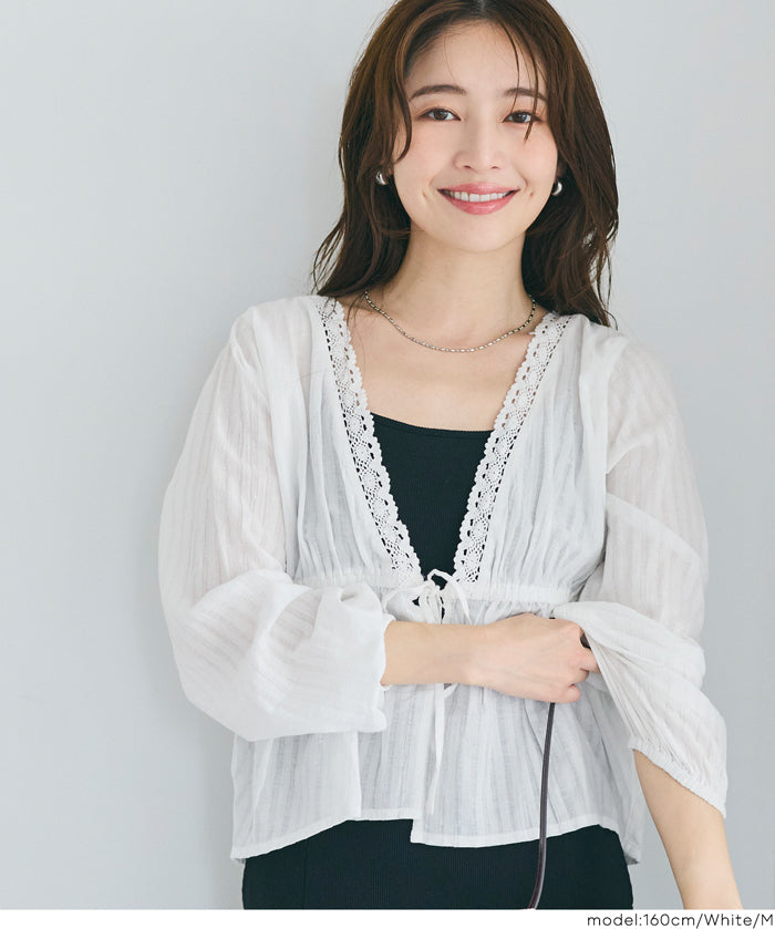 日系甜美條紋蕾絲綁帶泡泡袖開衫