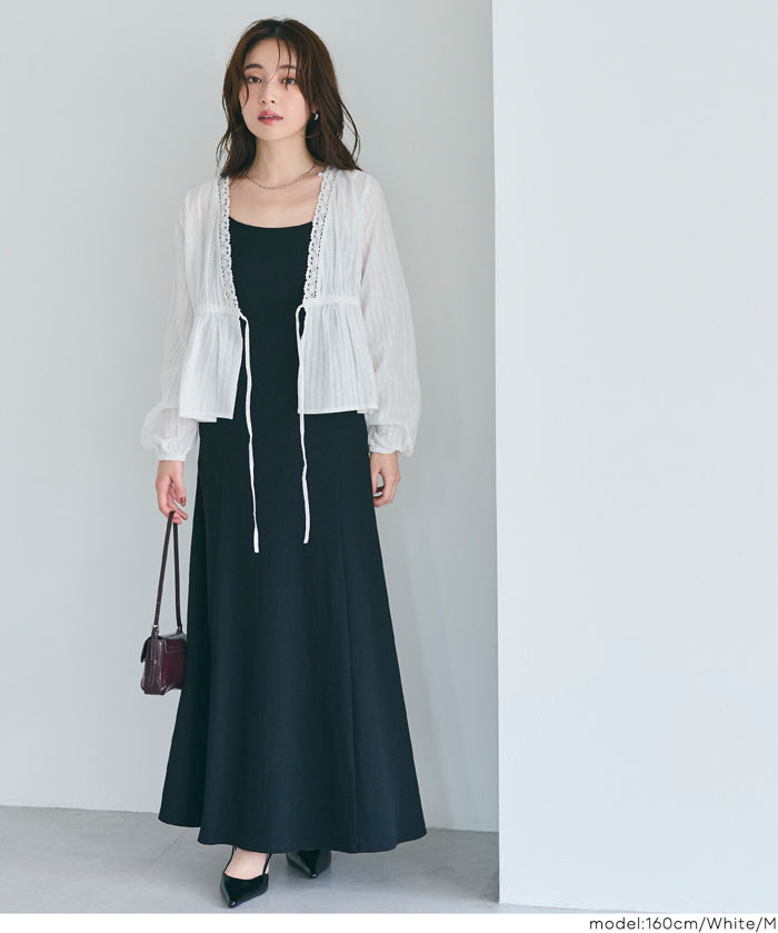 日系甜美條紋蕾絲綁帶泡泡袖開衫