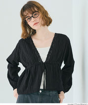 日系甜美條紋蕾絲綁帶泡泡袖開衫