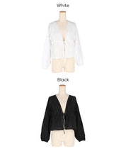 日系甜美條紋蕾絲綁帶泡泡袖開衫