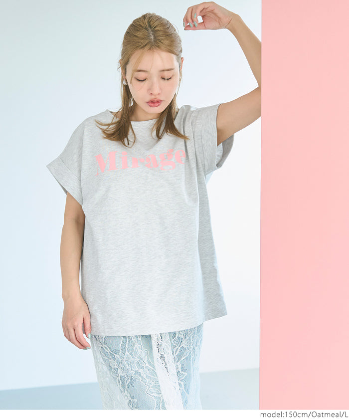 French sleeve fold-back short-sleeved LOGO T-shirt