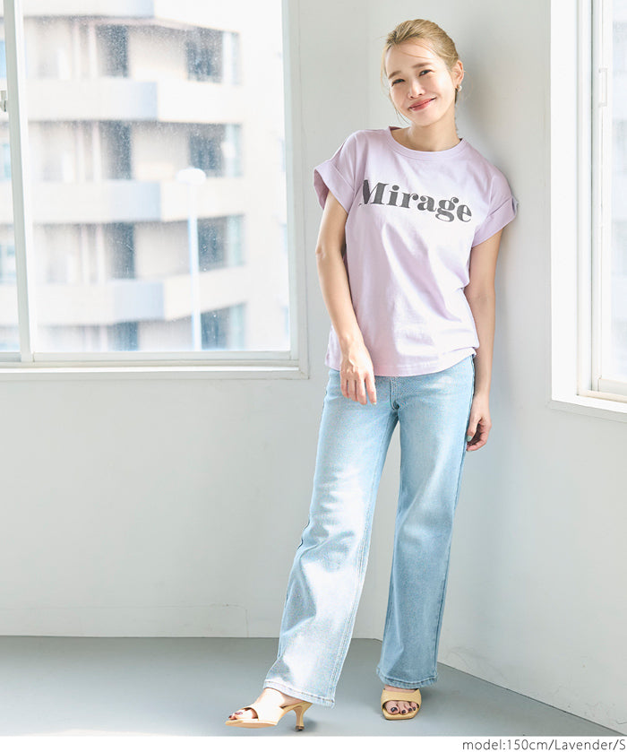 French sleeve fold-back short-sleeved LOGO T-shirt