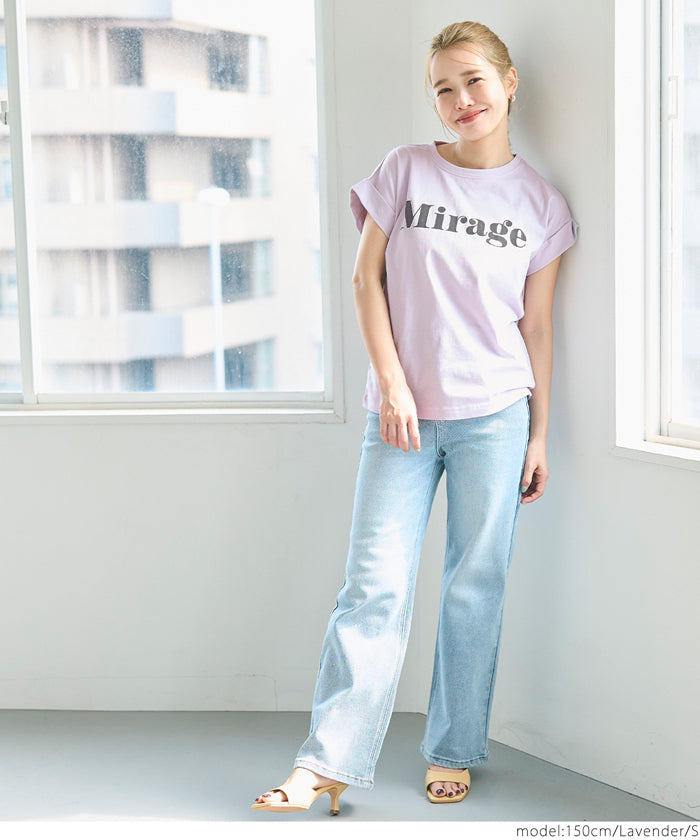 French sleeve fold-back short-sleeved LOGO T-shirt