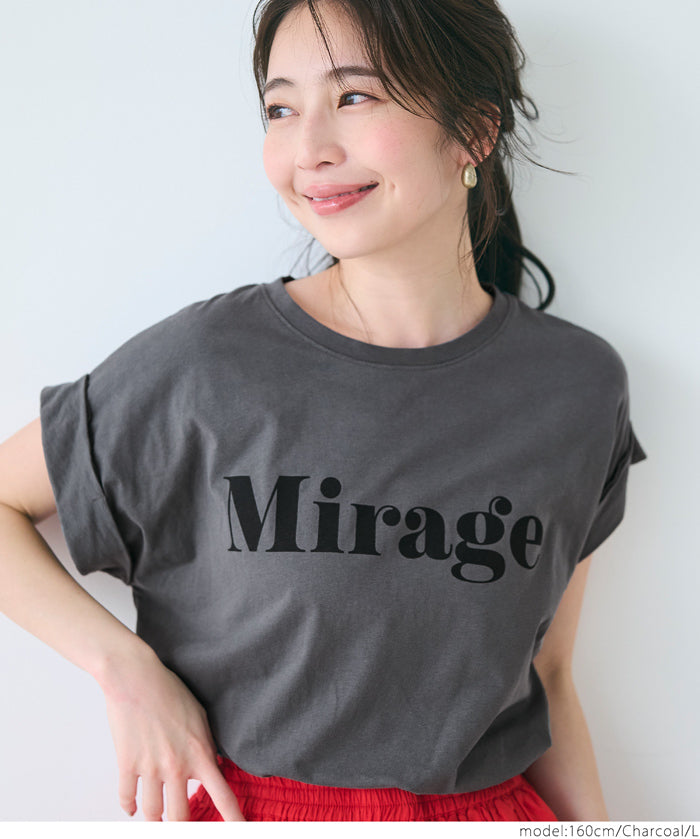 French sleeve fold-back short-sleeved LOGO T-shirt