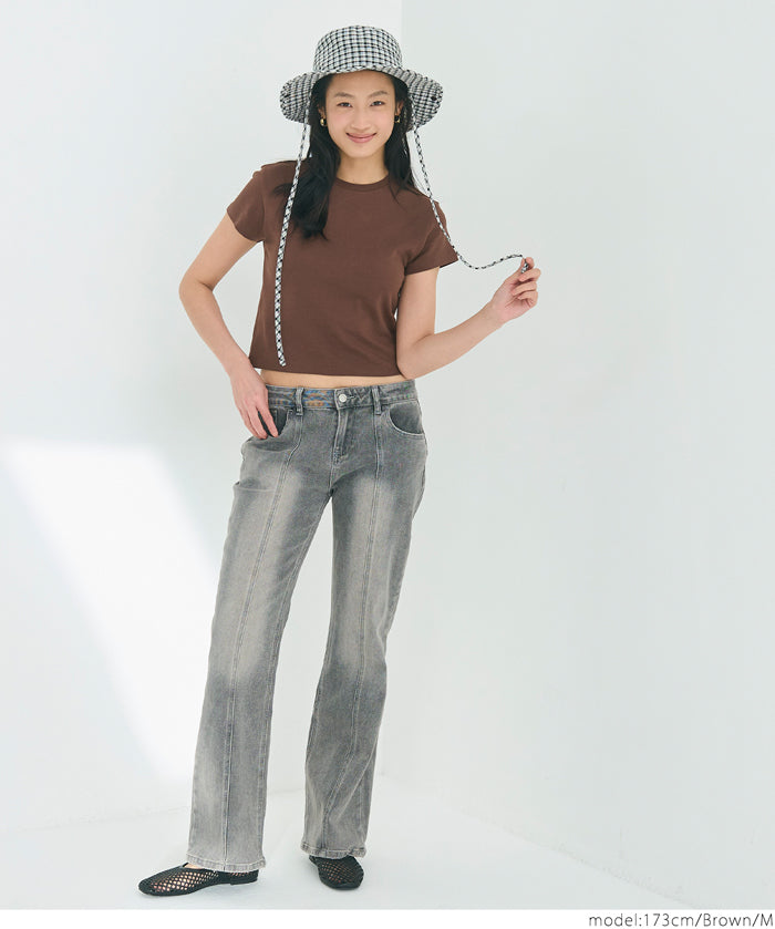 Solid color cotton slim-fit cropped basic T-shirt