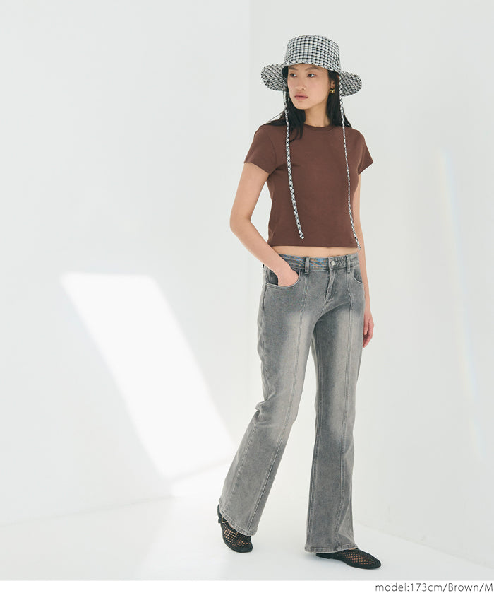 Solid color cotton slim-fit cropped basic T-shirt