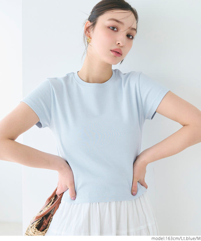 Solid color cotton slim-fit cropped basic T-shirt