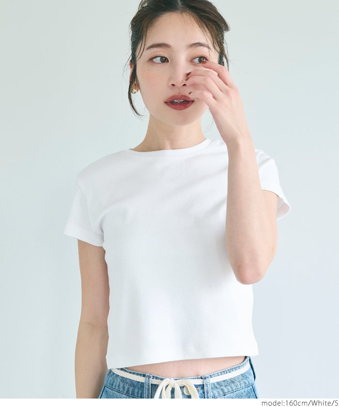 Solid color cotton slim-fit cropped basic T-shirt