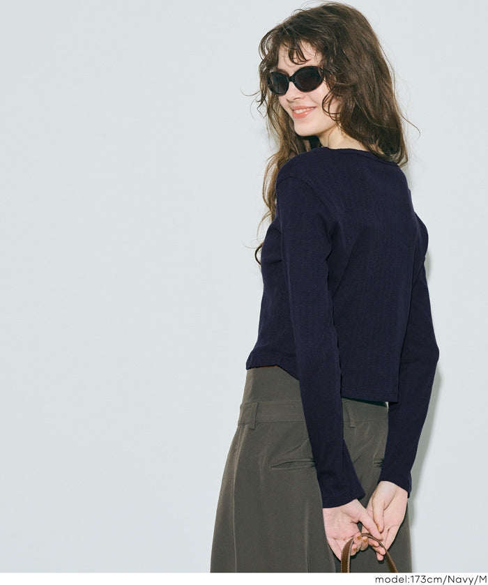 短版圓弧下擺螺紋長袖開衫