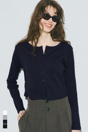 短版圓弧下擺螺紋長袖開衫